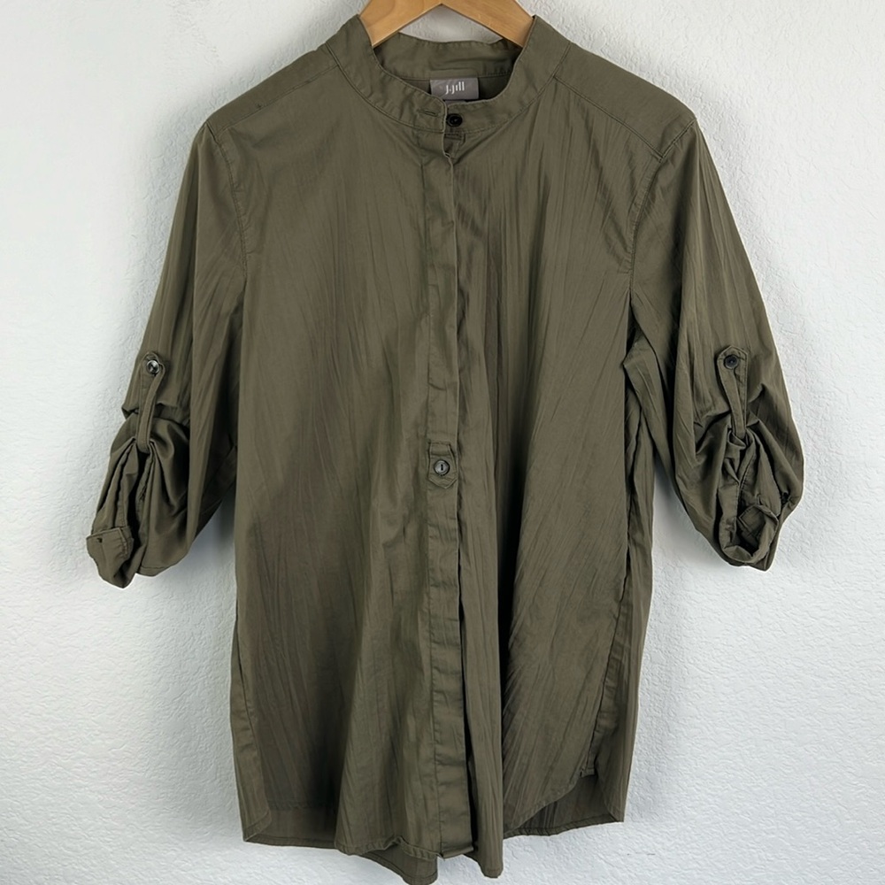 J Jill Womens Mandarin Collar Button Down Shirt Green Womens S Petite Stretch